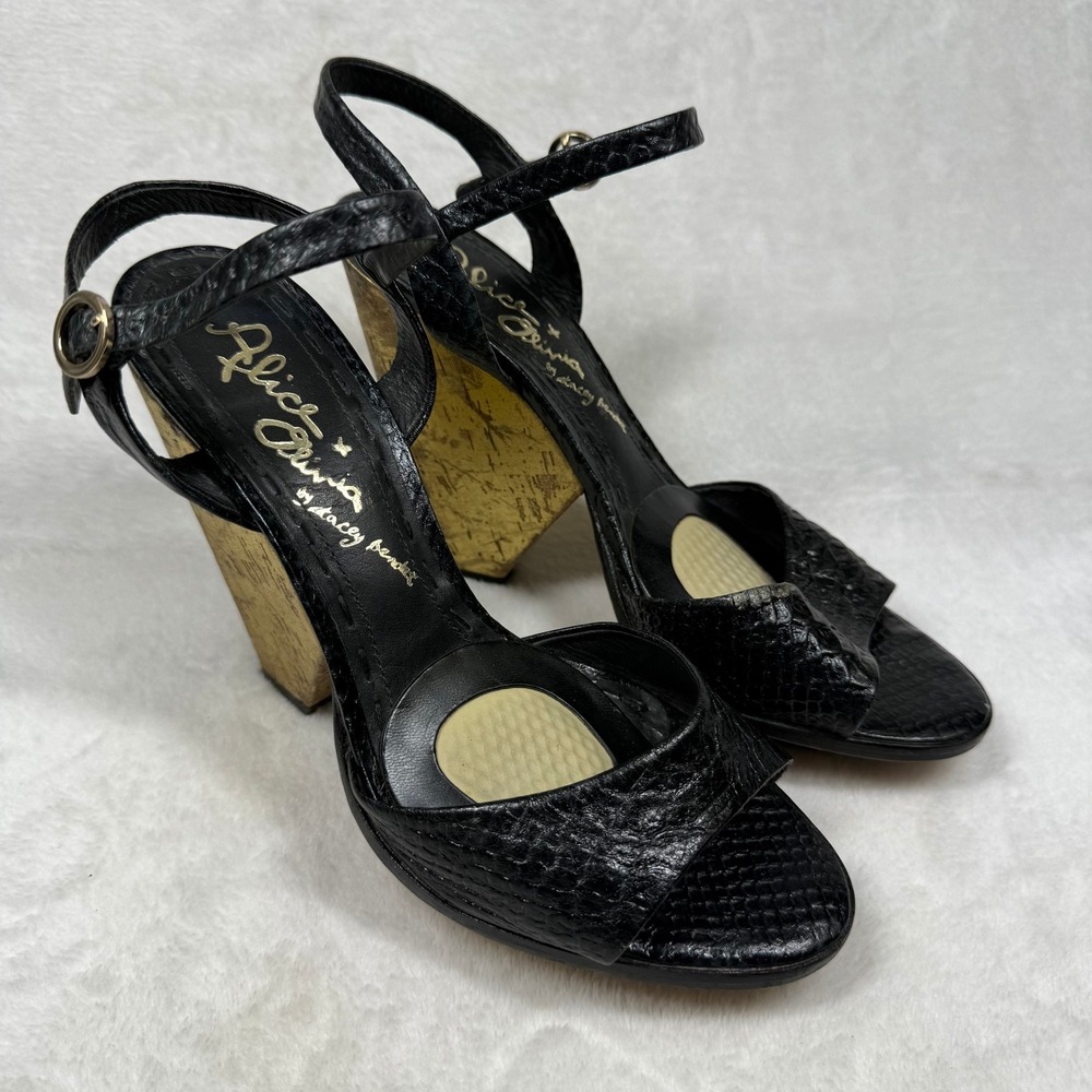 Alice +‎ Olivia Black Snake Embossed Leather Cork Wedge Sandals US 8 EU 38.5
